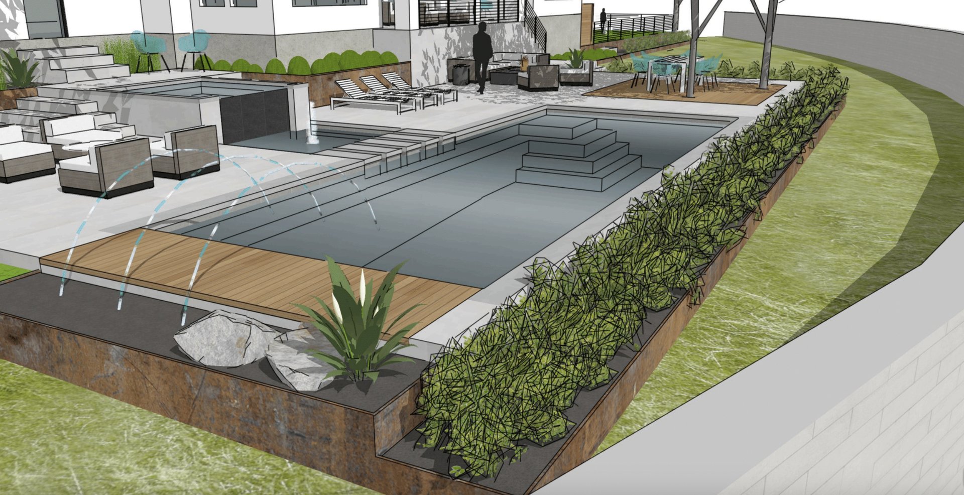 Photoreal 3D model of a custom Austin pool, decking, and outdoor living space