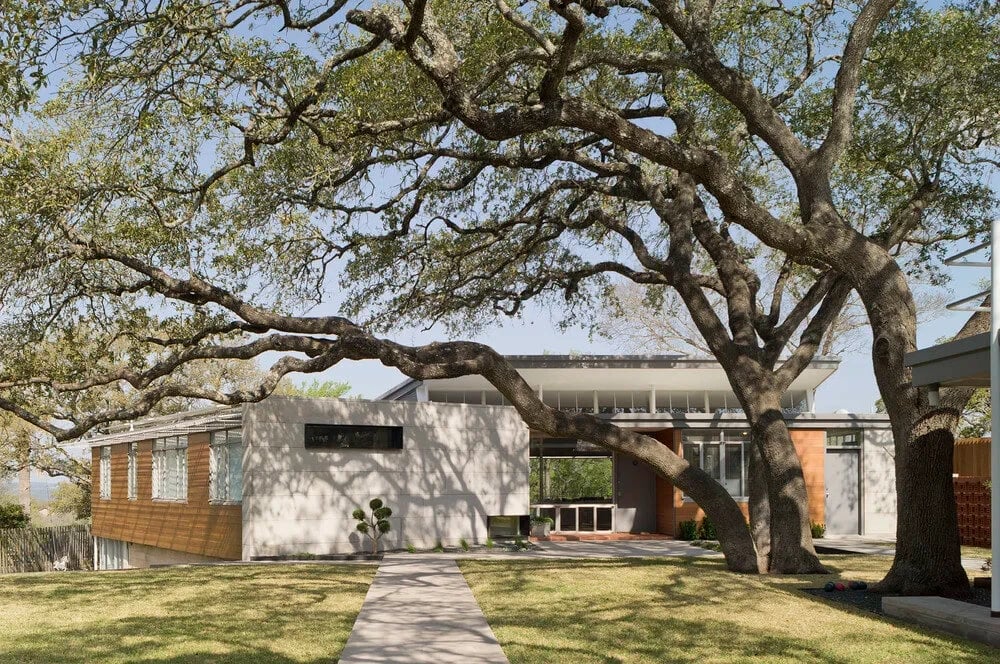 Low whitewashed home with an arched breezeway framed by twisting live oak branches over a lawn