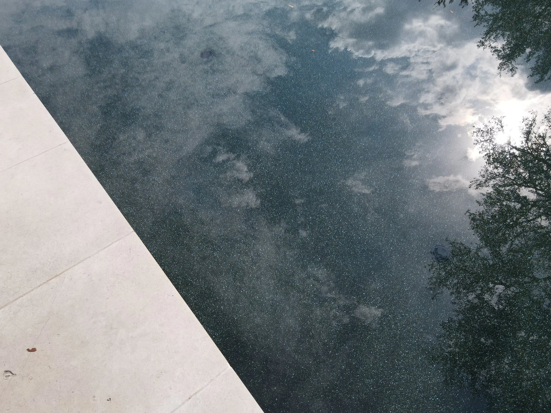 Glassy dark-plaster pool surface reflecting clouds and treetops, edged by a pale limestone deck