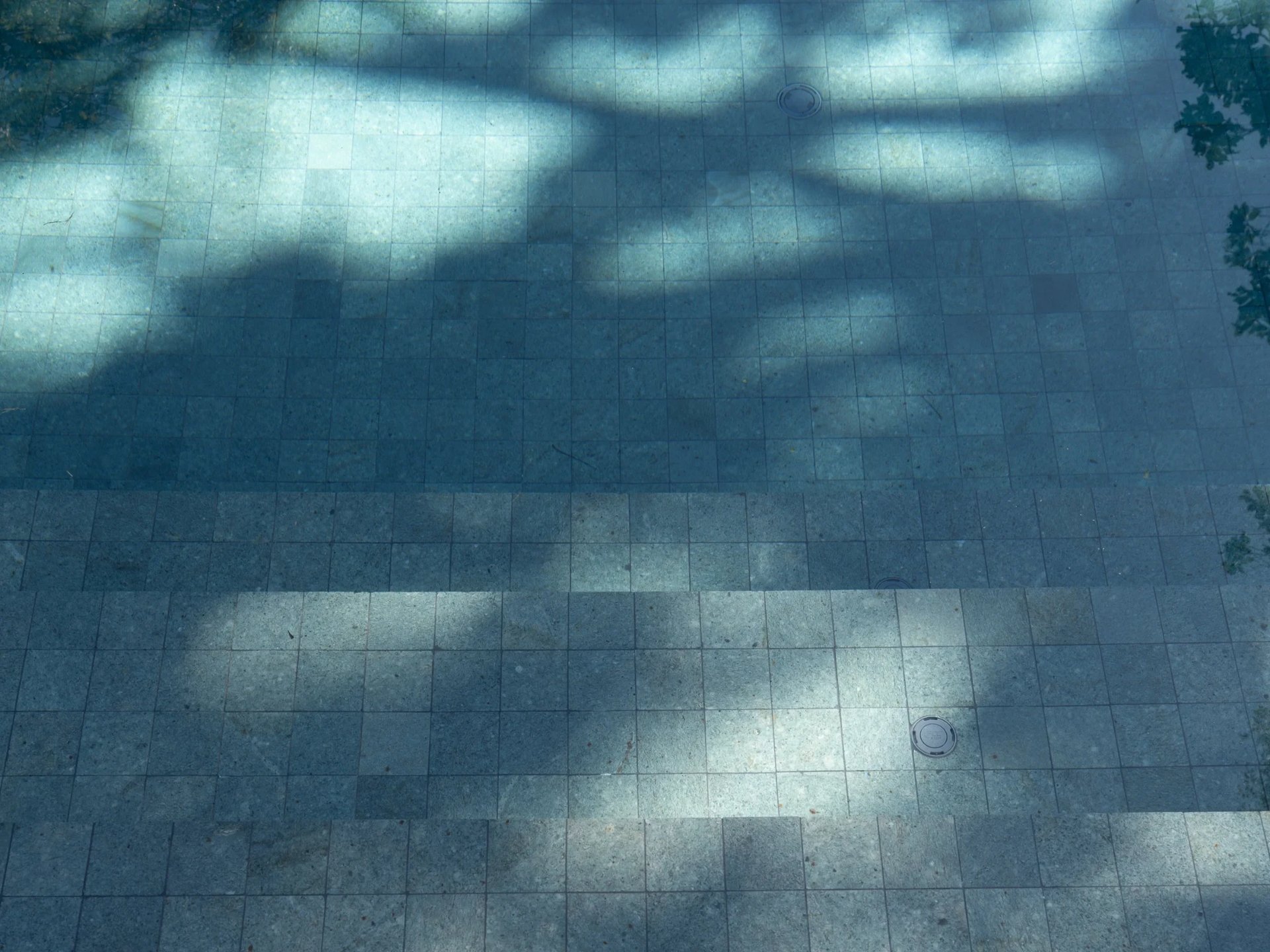 Sunlight and tree shadows playing across the gray-tiled floor of a clear pool