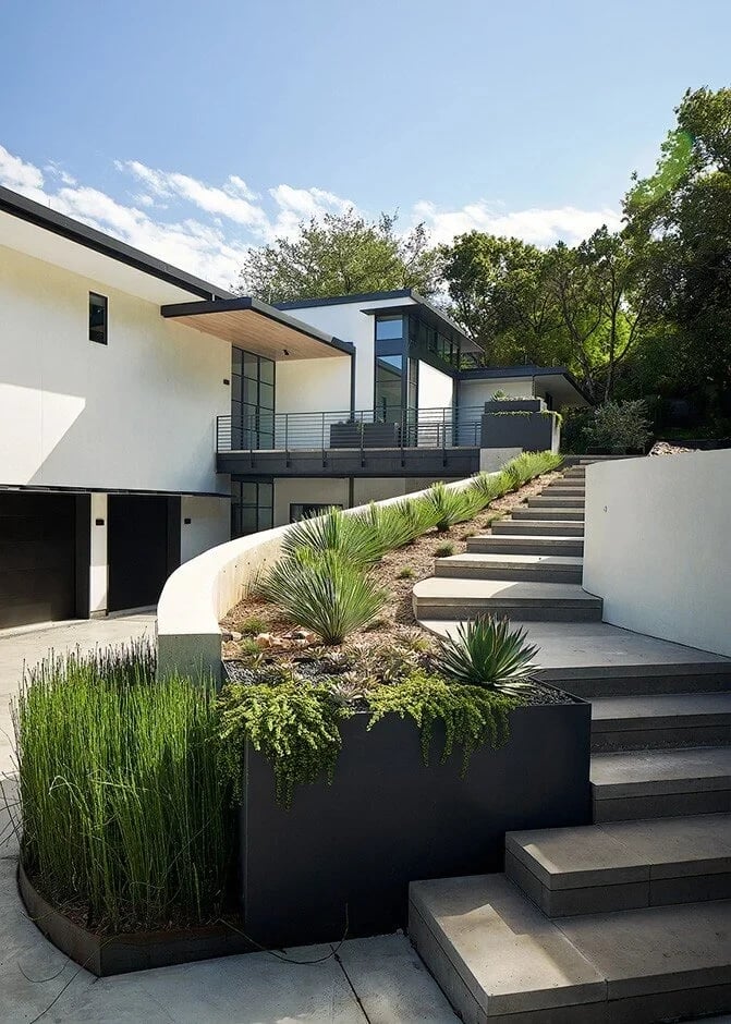 Concrete steps climbing past a planter of grasses toward a modern home on a hillside