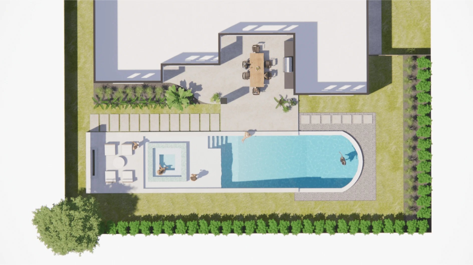 Rendering of a geometric pool with a square spa, dining patio and seating in a turfed backyard with hedges
