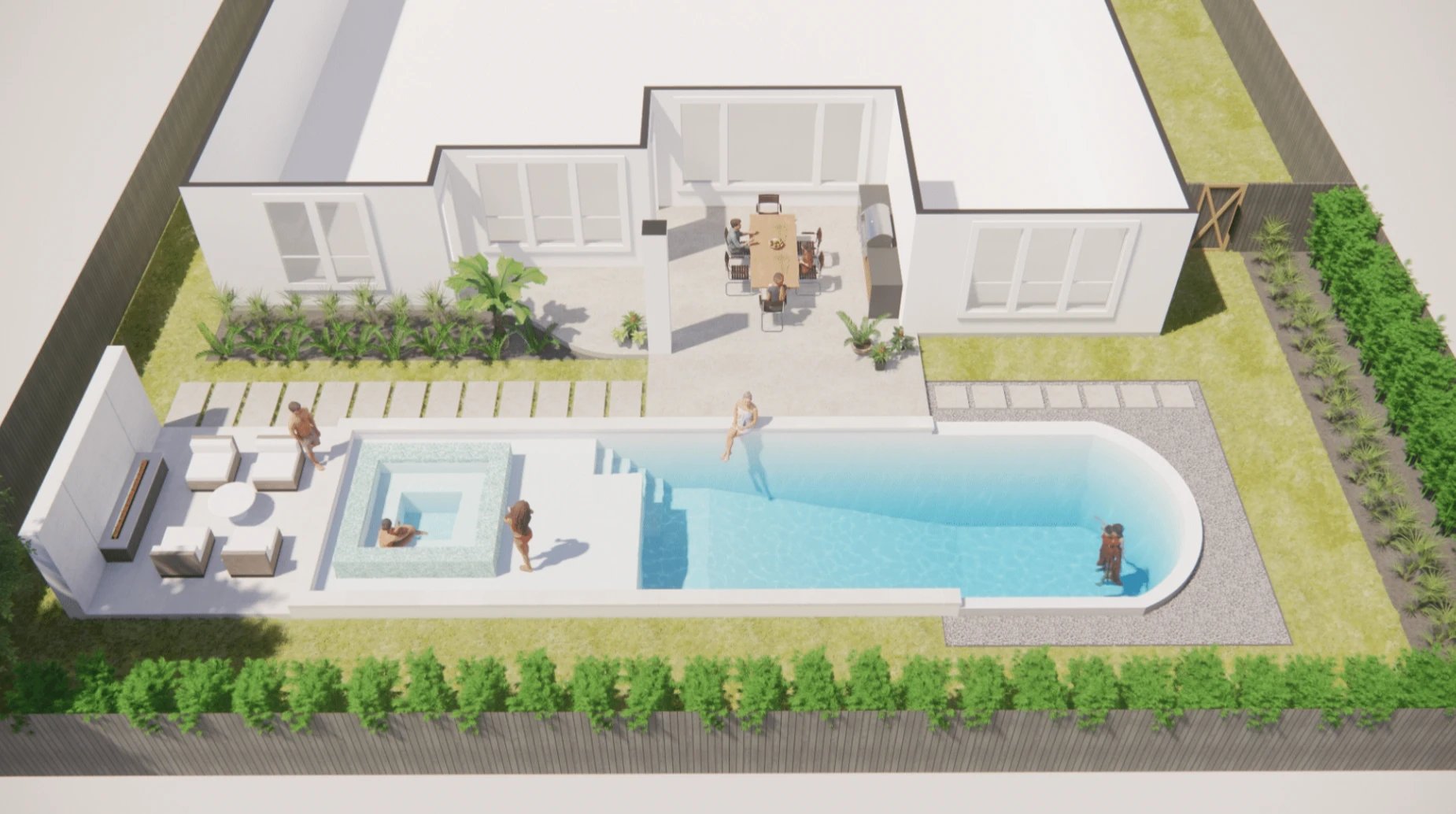 Rendering of a geometric pool with a raised spa, sun shelf and lounge area beside a white home with people swimming
