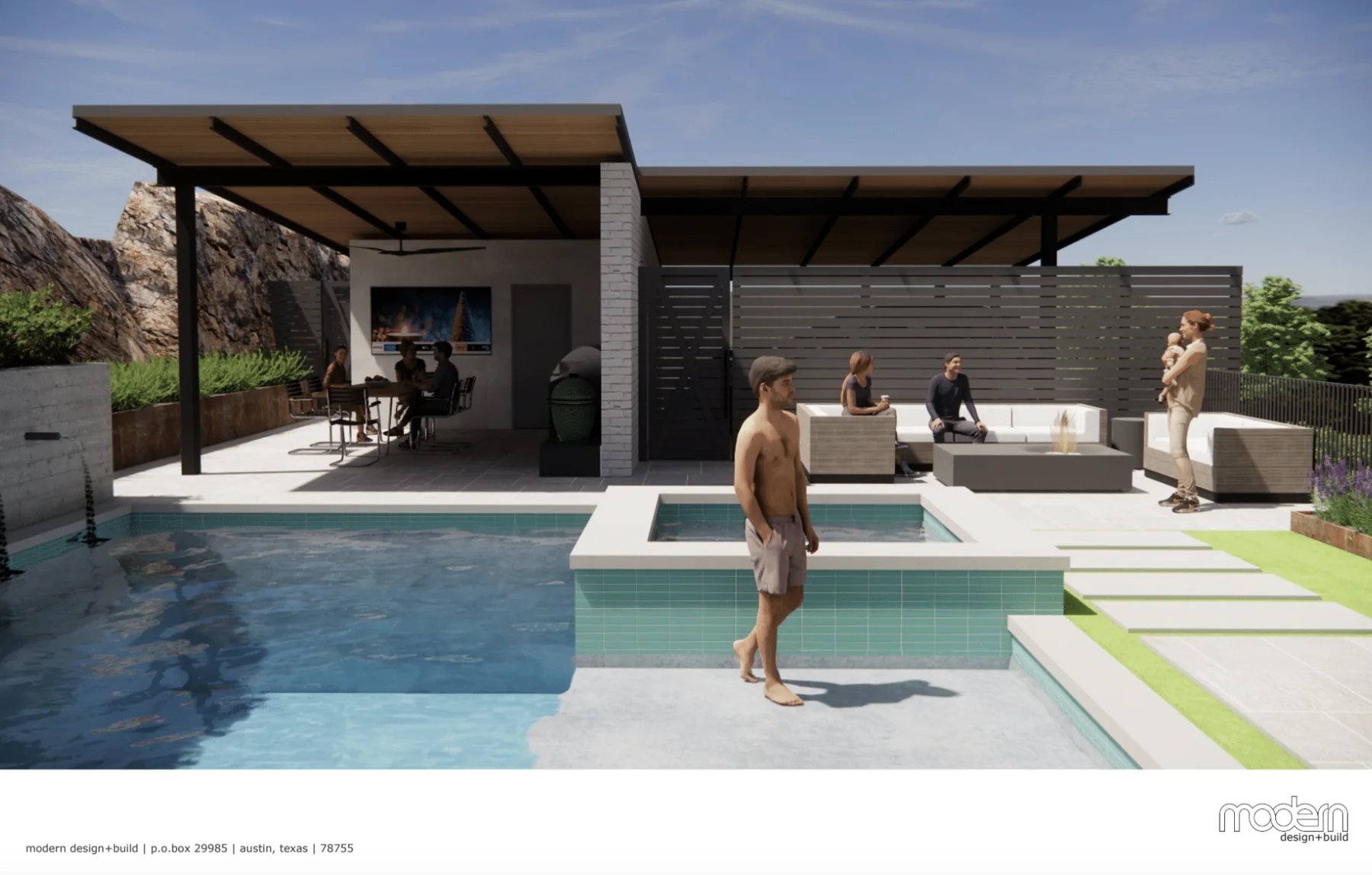 3D rendering of a geometric pool and raised tiled spa beside a covered patio with a rocky hillside behind