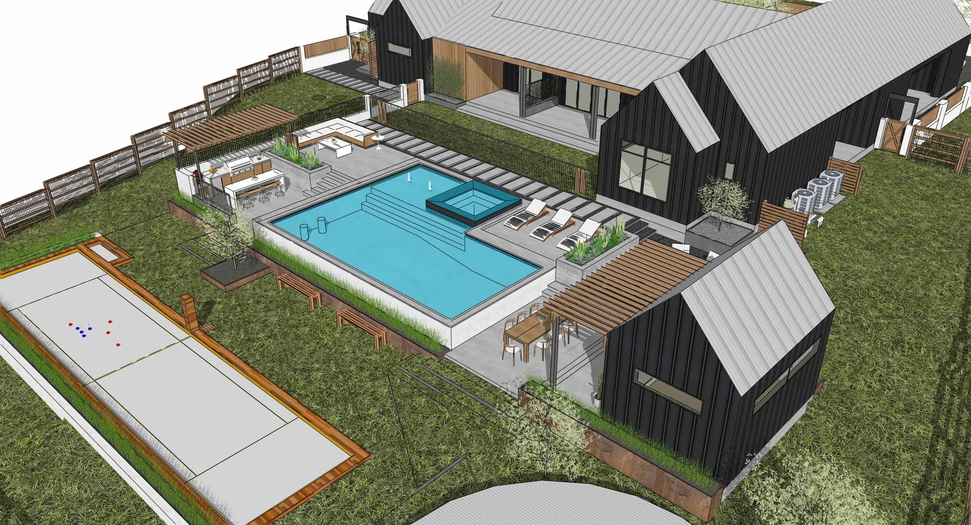 3D aerial concept of a Dripping Springs backyard with a pool, bocce court, and guest suite