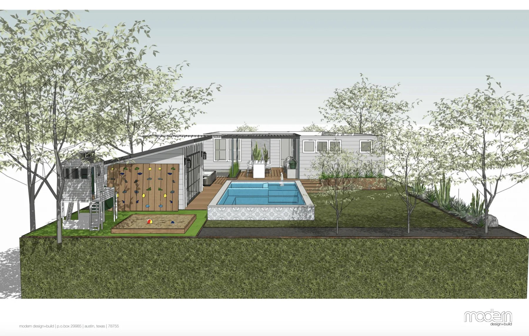 3D rendering of a raised rectangular tile pool with a pool house, deck and twin water spouts