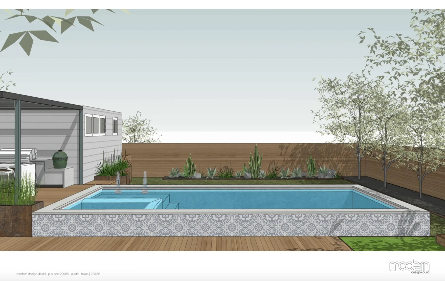 3D rendering of a raised rectangular tile pool on a wood deck with an outdoor kitchen and planting