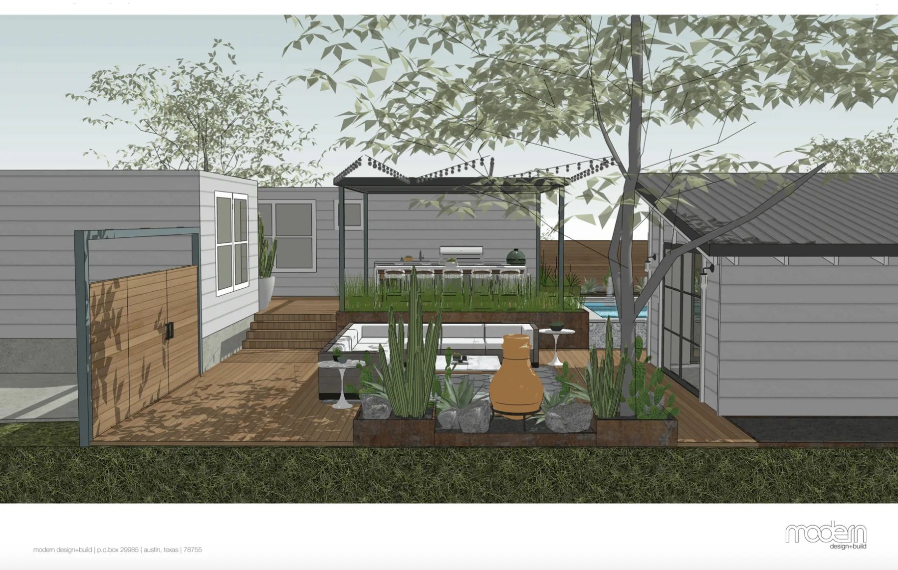 3D rendering of a sunken courtyard pool with a pergola dining area, lounge seating and grasses