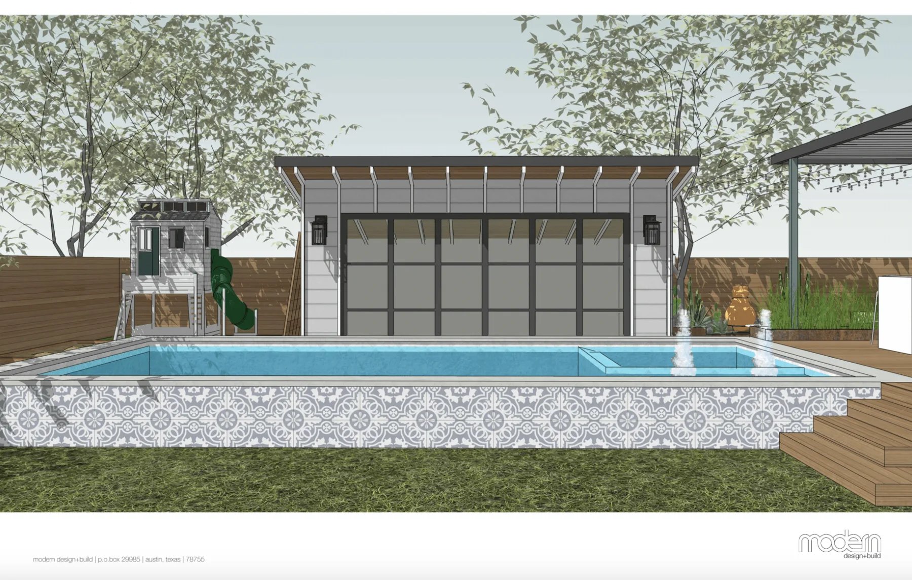 3D rendering of a raised pool with patterned tile, twin water spouts and a glass-walled pool house