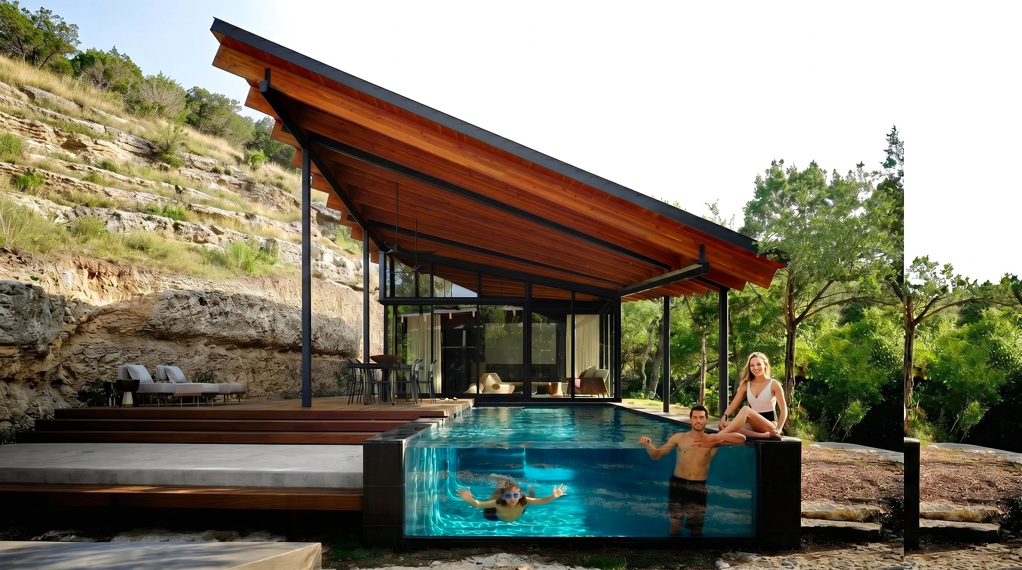 Modern Pools glass walled pool and modern pavilion on an Austin Hill Country lot, featured by Architectural Digest